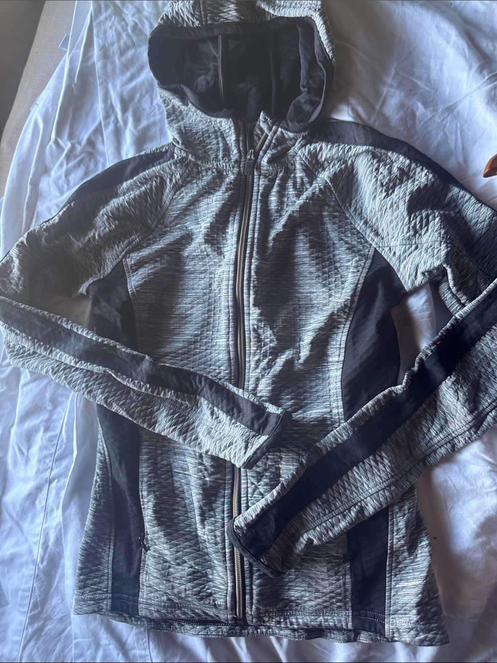 Athleta Light Gray and Black Hooded Zip-Up Utility Jacket